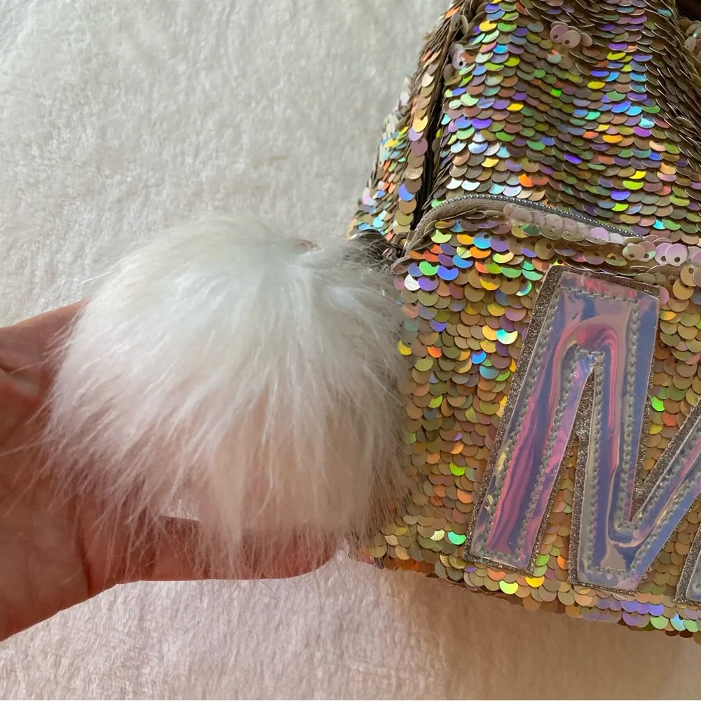 Justice‎ Mini Backpack Sequin Unicorn M with Pom Pom Gold White Silver